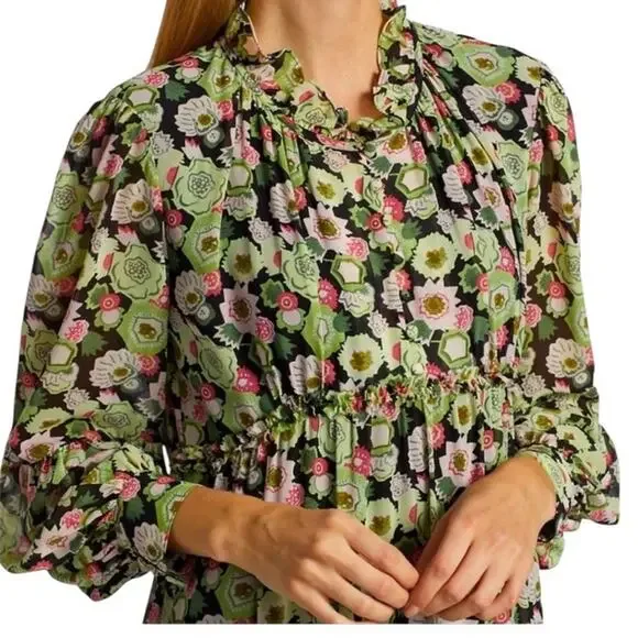 Cinq A Sept Lucille Tiered Ruffle Floral Midi Dress Abstract Green Prairie 0 NWT - Picture 11 of 15